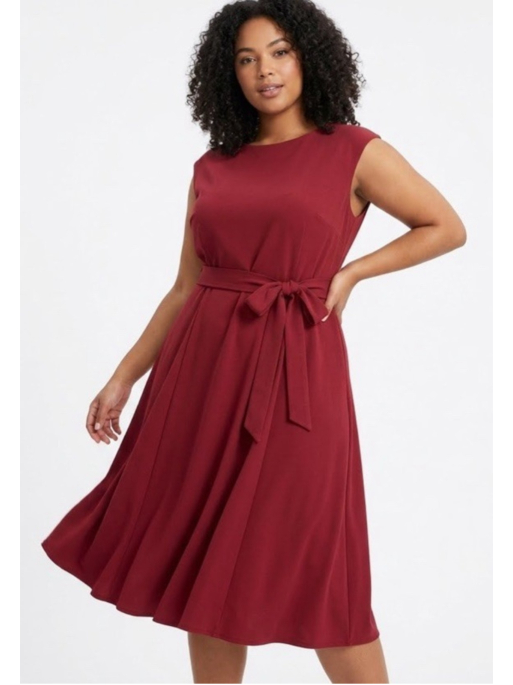 Sleeveless Midi Dress with Self-Tie Waist in Red Wine Plus 3XL -wedding party